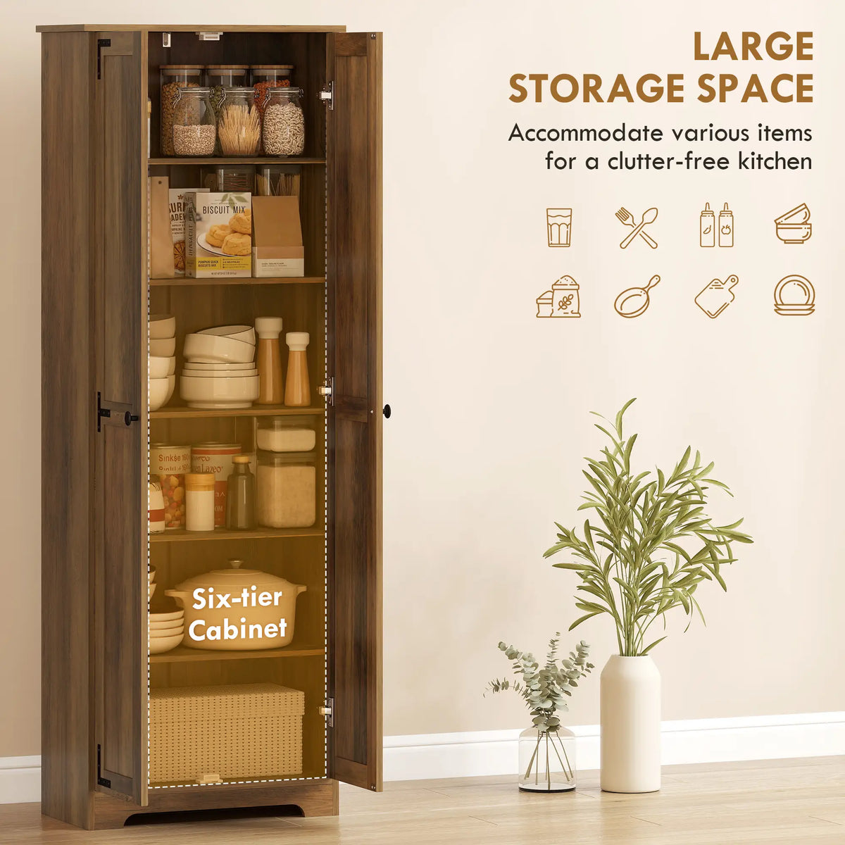 67" Farmhouse Pantry Cabinet, 2 Doors, Adjustable Shelves, Wood Grain, Brown Kitchen Pantry Cabinets at Gallery Canada