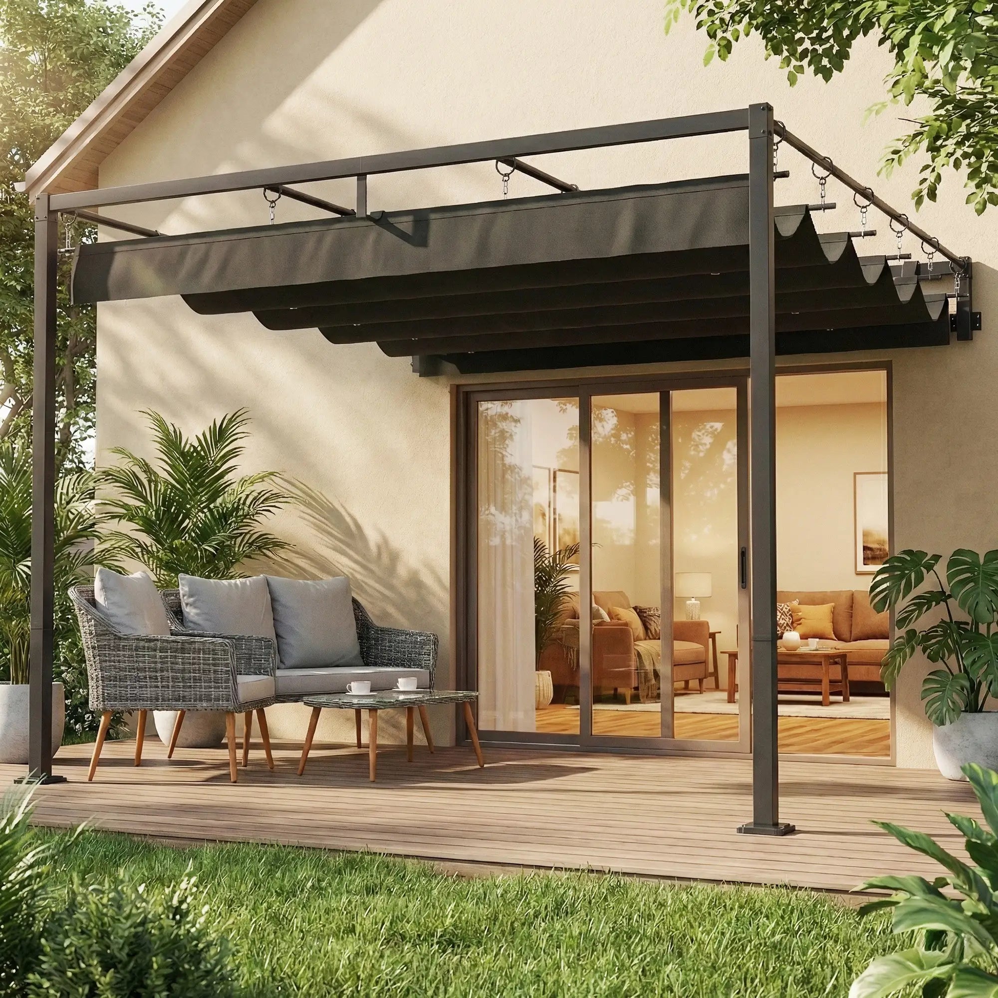 10' x 10' Retractable Pergola Canopy, Wall Mounted, Dark Grey Pergolas at Gallery Canada