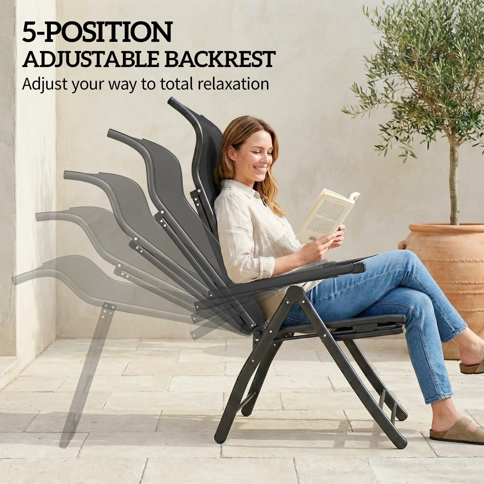Folding Patio Chairs Set of 2, 5-Position Outdoor Lounge Chairs, Black Lounger Chairs at Gallery Canada