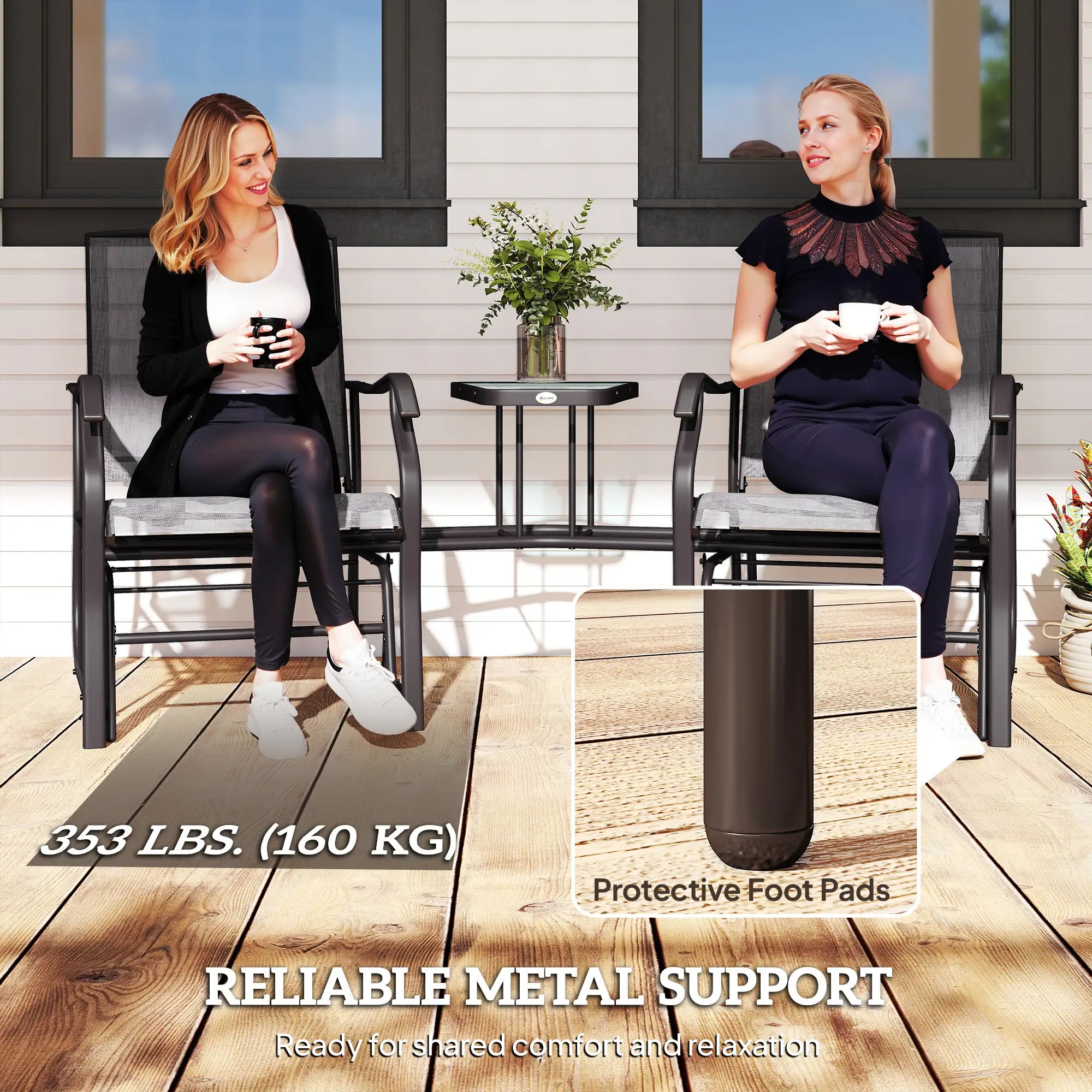 Double Glider Chair with Glass Top Table, Outdoor High Back, Grey Outdoor Gliders at Gallery Canada