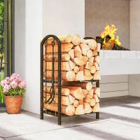 Support à bois de chauffage à 2 niveaux avec 4 outils, capacité de 220 livres, brun café