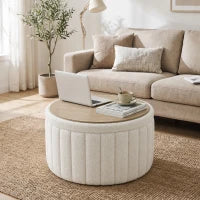 Table basse ronde, rangement dissimulé, polaire sherpa, couvercle réversible, blanc crème, blanc crème