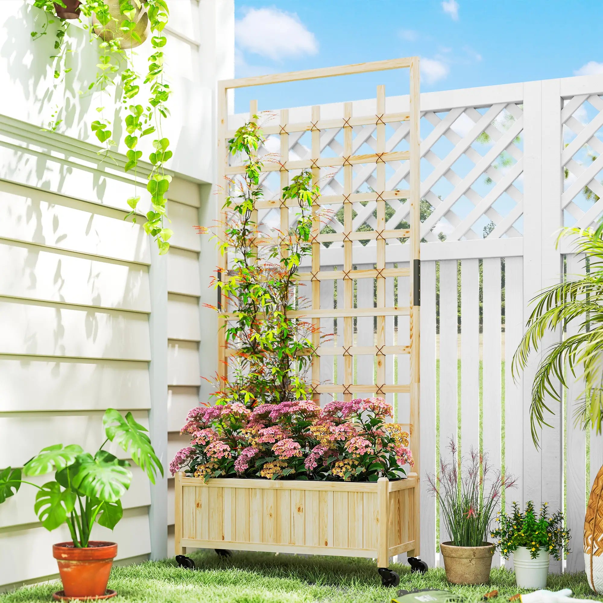 Wooden Planter With Trellis, Raised Garden Bed With Wheels, Drainage Holes Wooden Planter Boxes at Gallery Canada