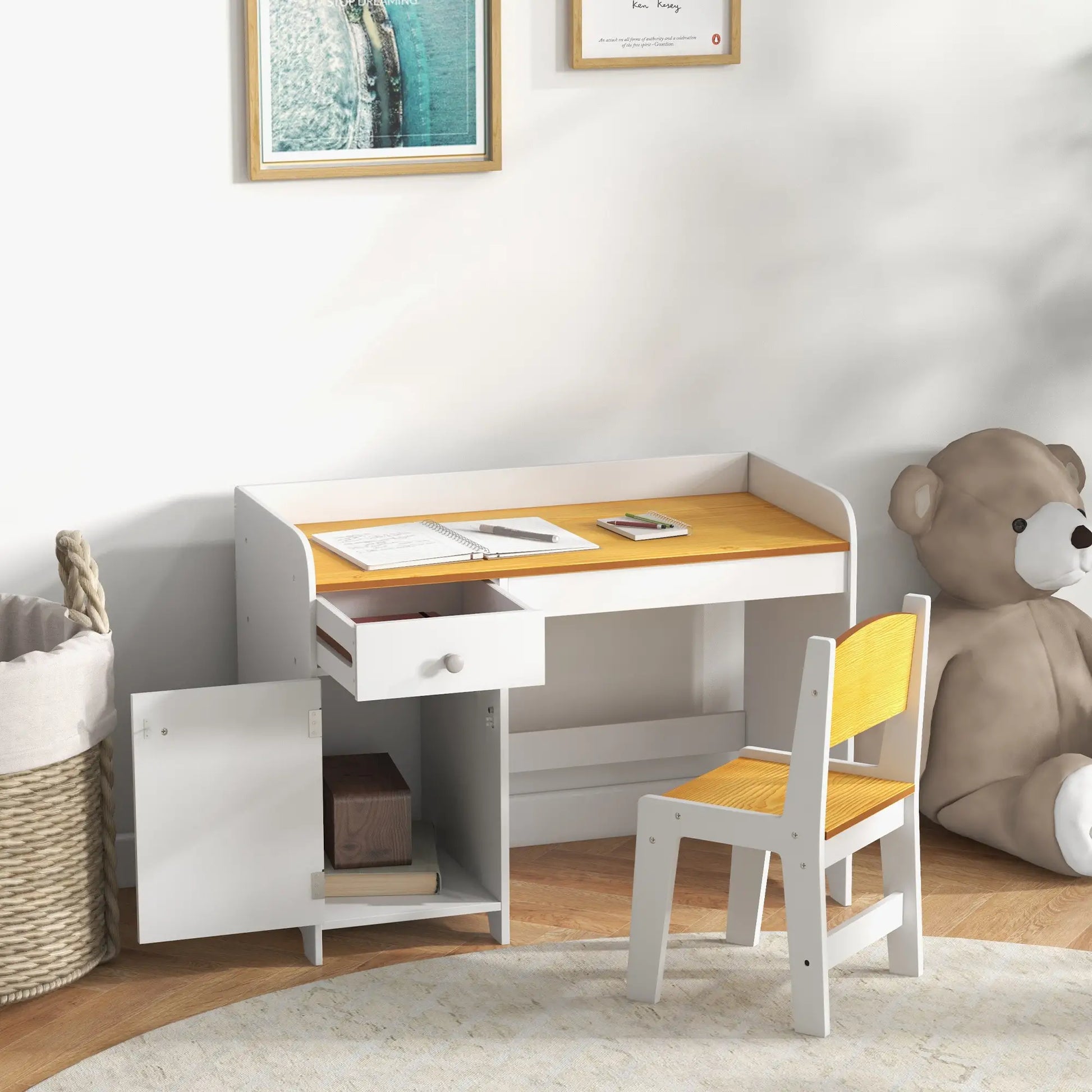 Kids Desk and Chair Set, Study Table with Storage Drawer, White Kids Desk Sets at Gallery Canada