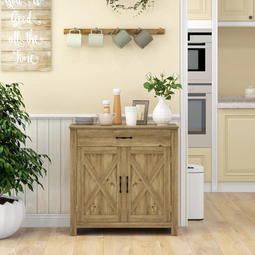 Farmhouse Sideboard, Storage Cabinet with Barn Doors, Nature Wood