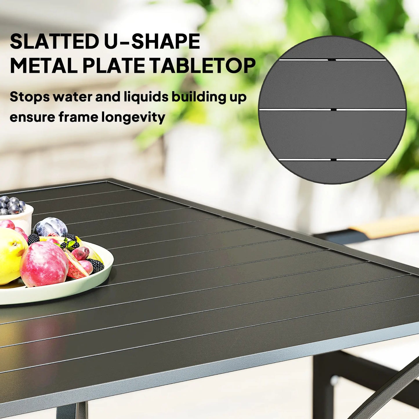 Outdoor Dining Table for Four, Square Garden Table with Slatted Metal Top, Black Patio Dinning Tables at Gallery Canada