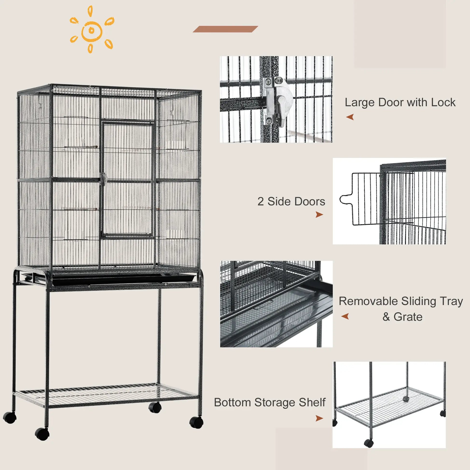 30'' Large Rolling Metal Bird Cage, Detachable Stand, Storage Shelf, Black Bird Cages at Gallery Canada