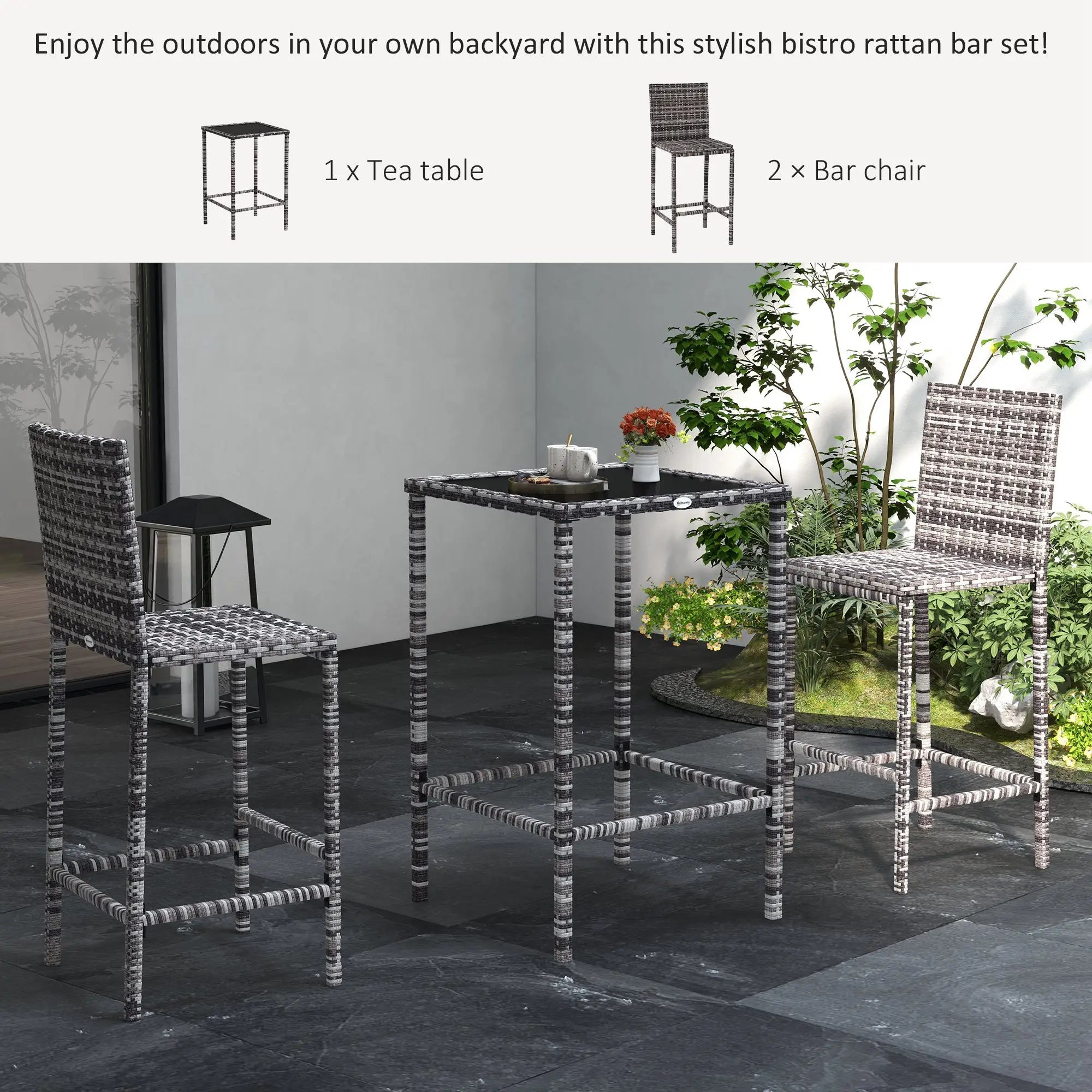 3 Piece Patio Bar Set, Wicker Rattan, Barstool and Table, Grey Bistro Sets at Gallery Canada