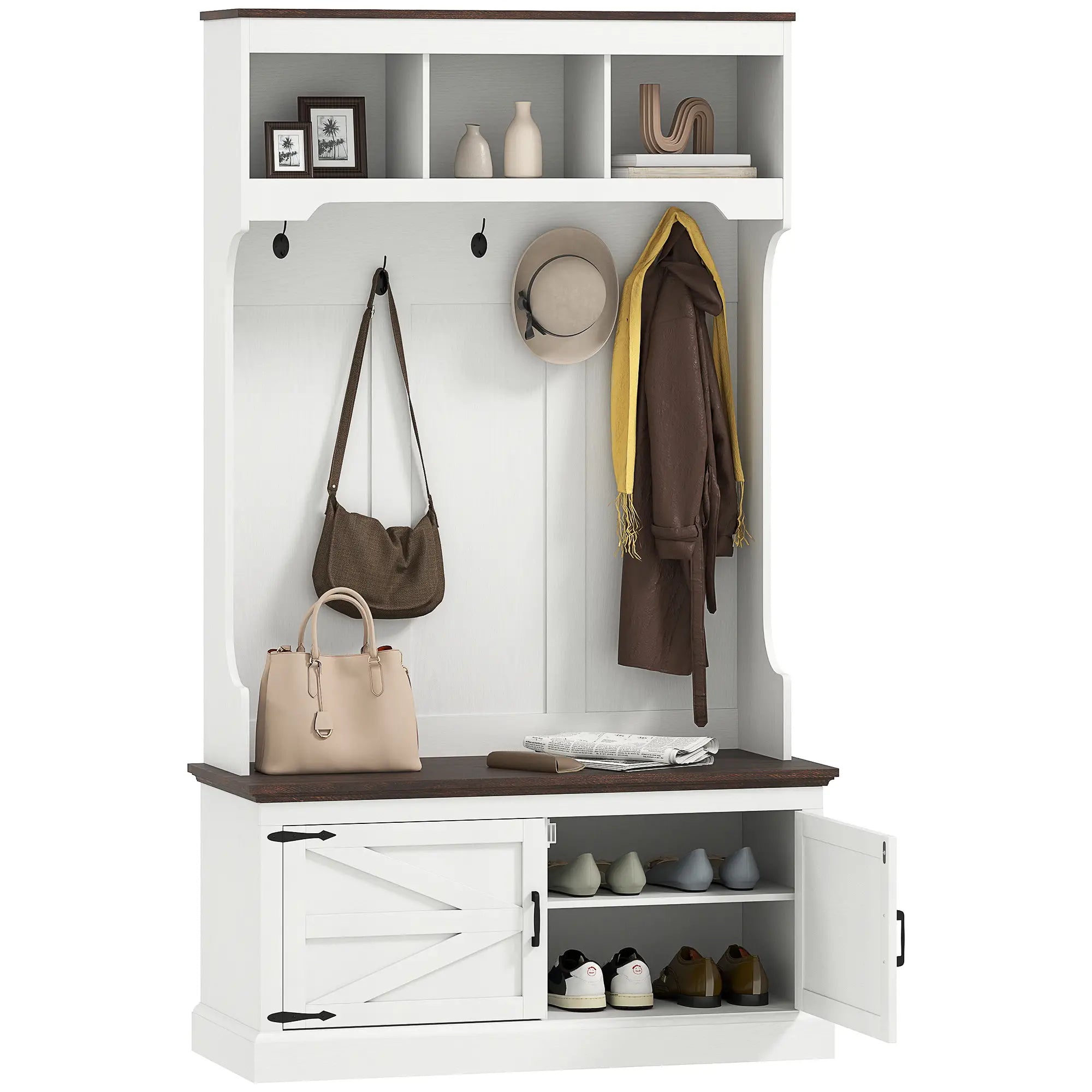 3-in-1 Hall Tree, Bench, Coat Rack with Shoe Storage, White Wood Grain, White Clothing Storage at Gallery Canada