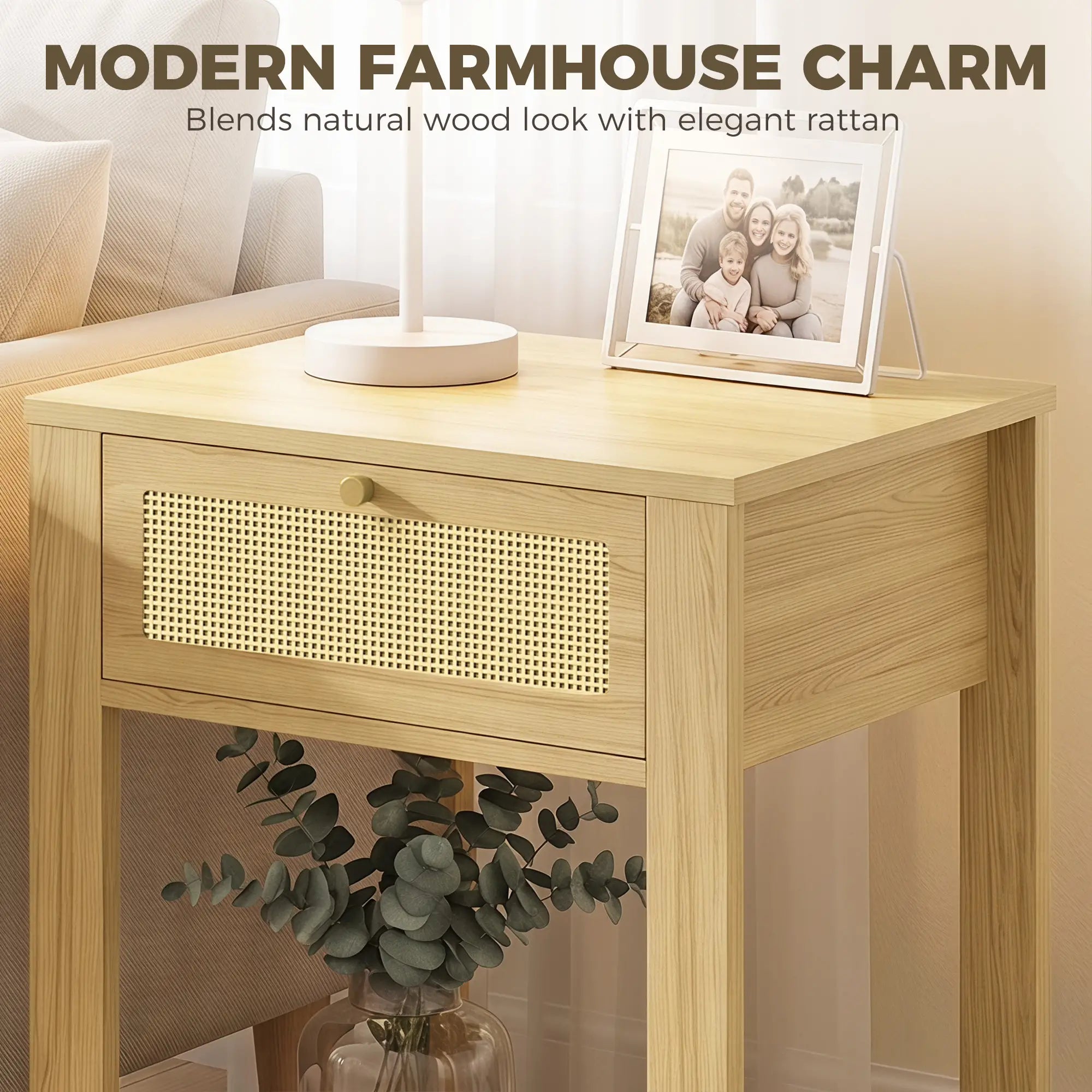 Nightstand Set of 2 With Drawer & Shelf, Natural Wood, Natural Wood Side Tables at Gallery Canada
