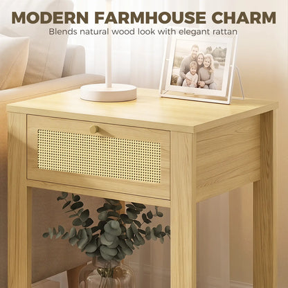 Nightstand Set of 2 With Drawer & Shelf, Natural Wood, Natural Wood Side Tables at Gallery Canada