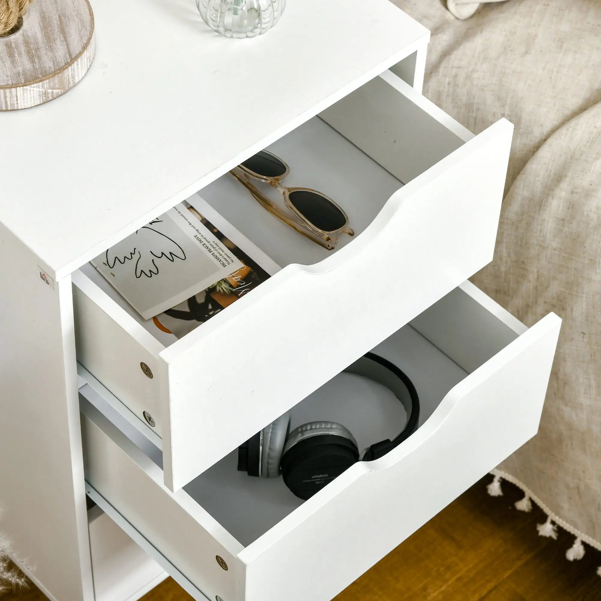 Modern Nightstand, 3 Drawers, Wood Legs, White Bedside Tables at Gallery Canada
