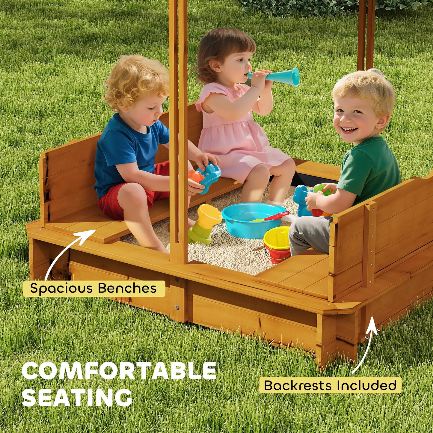 Wooden Kids Sandbox with Cover, Foldable Bench Seats, Adjustable Canopy, Red Sandboxes & Accessories at Gallery Canada