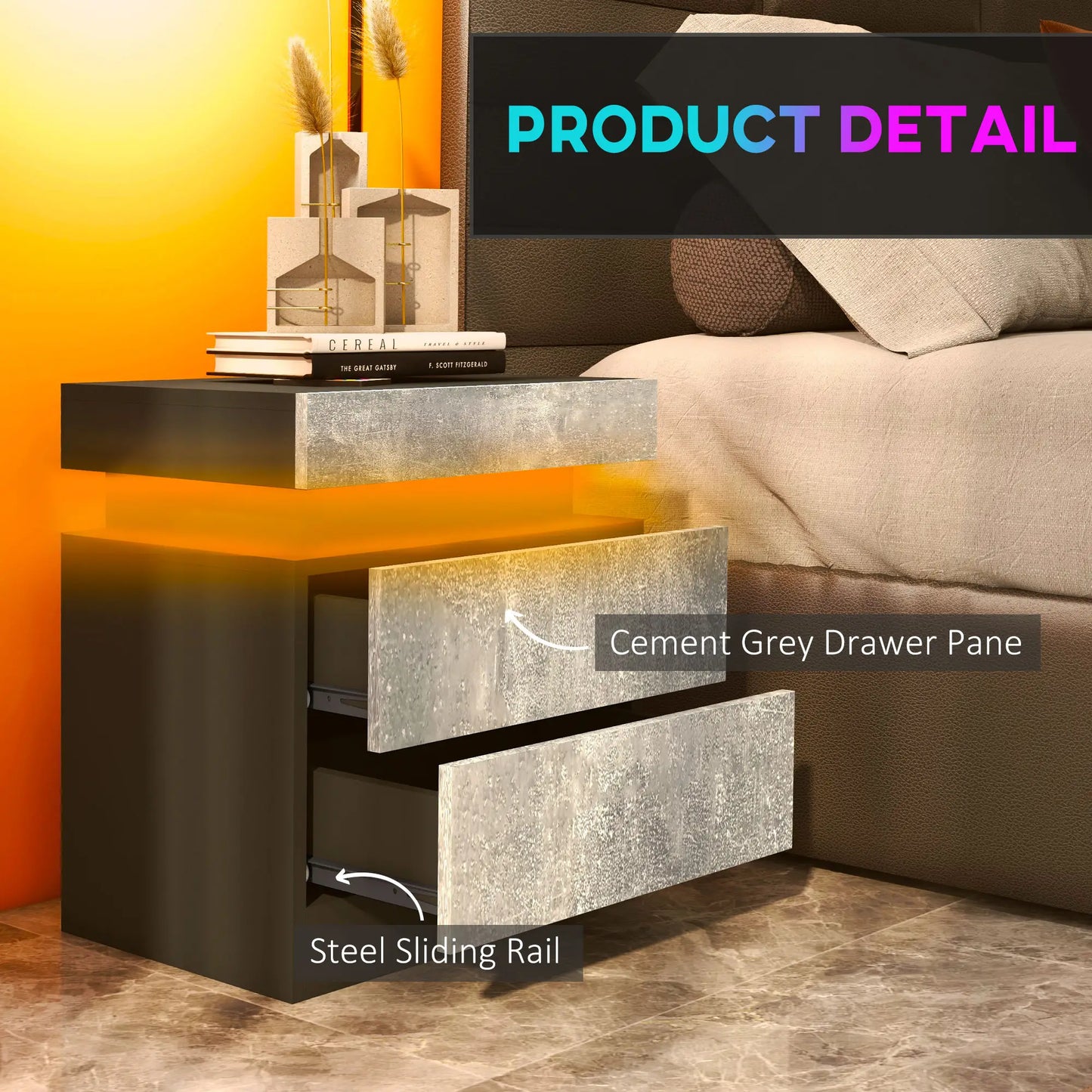 Nightstand, LED Lights, 2 Drawers, Cement Grey Bedside Tables at Gallery Canada