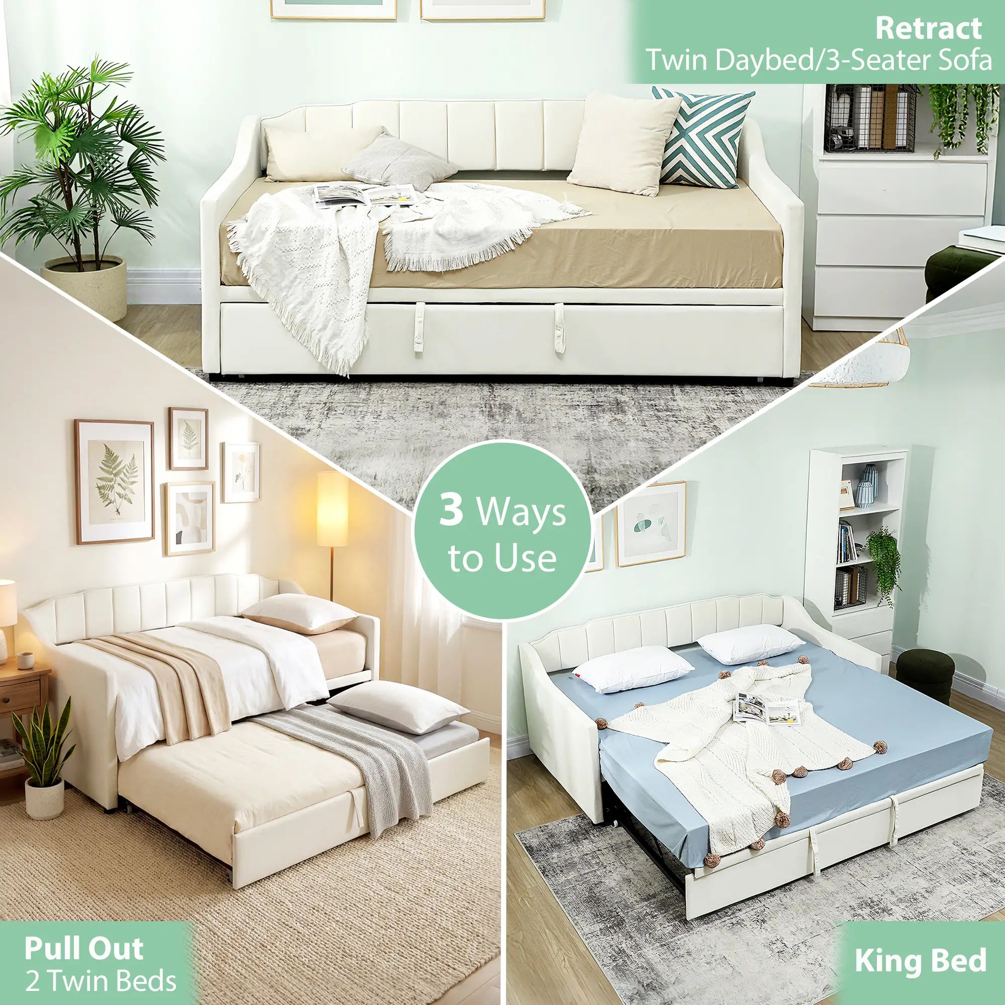 Upholstered Twin Trundle Bed, Extendable Twin To King, Cream White Bed Frames at Gallery Canada