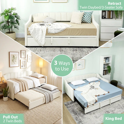 Upholstered Twin Trundle Bed, Extendable Twin To King, Cream White Bed Frames at Gallery Canada