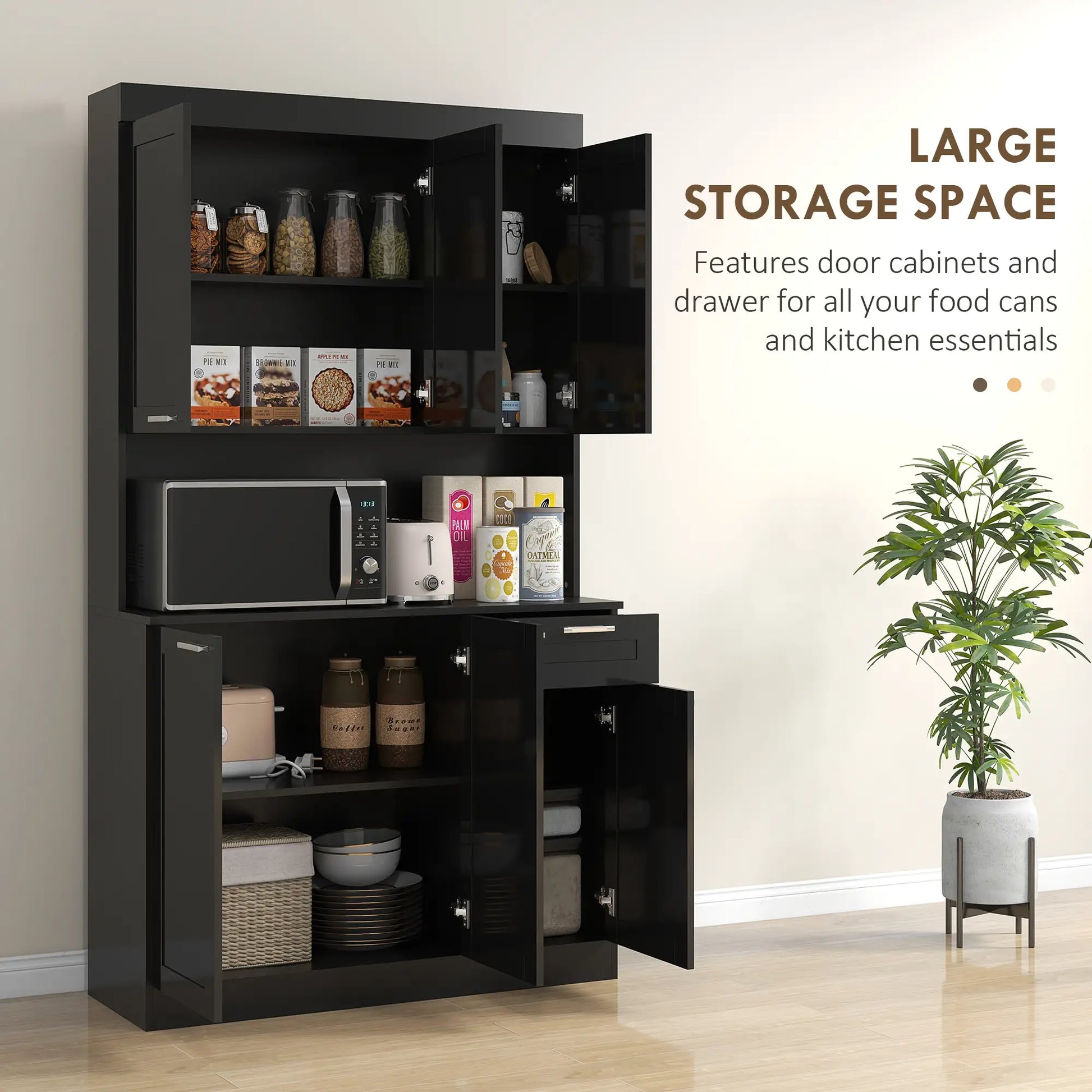 71" Kitchen Pantry Cabinet, Storage Buffet with Hutch, Adjustable Shelves, High Gloss Black, Black Kitchen Pantry Cabinets at Gallery Canada