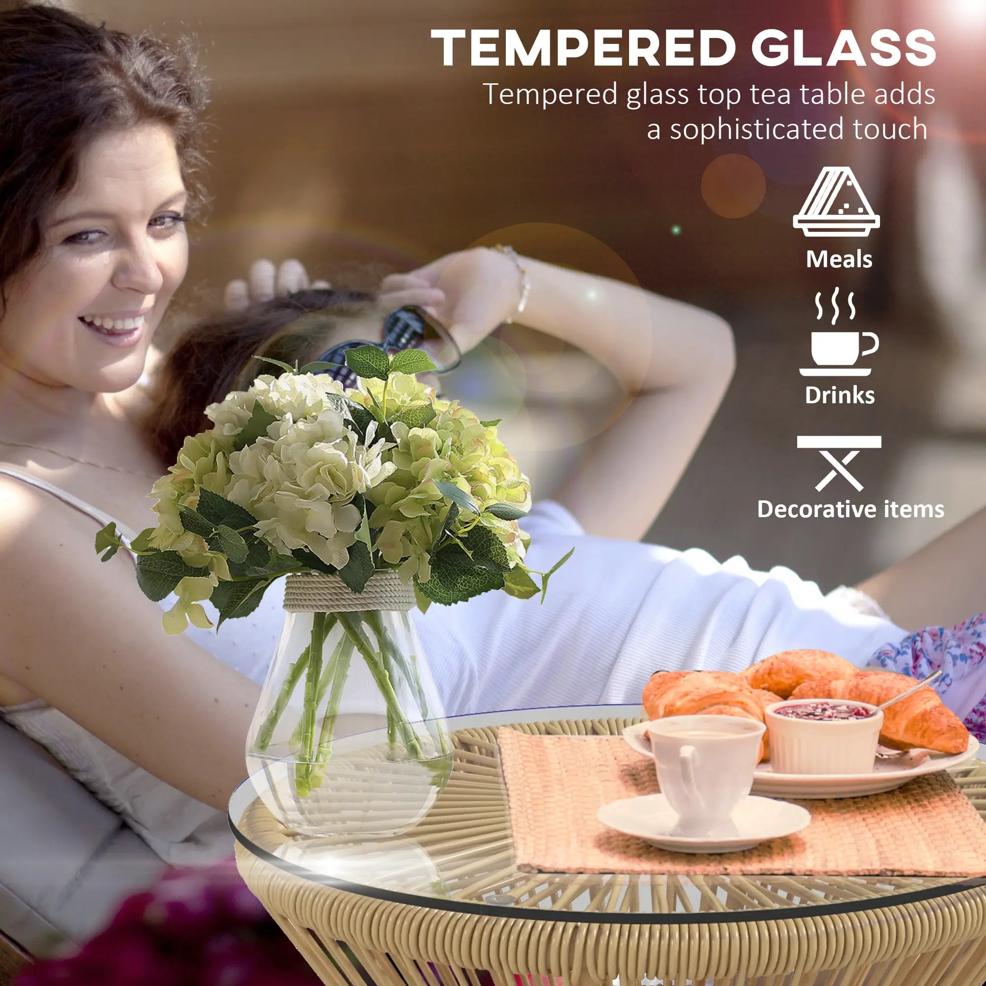 Round Rattan Side Table, Hollow Drum Design, Glass Top, Beige Patio Side Tables at Gallery Canada