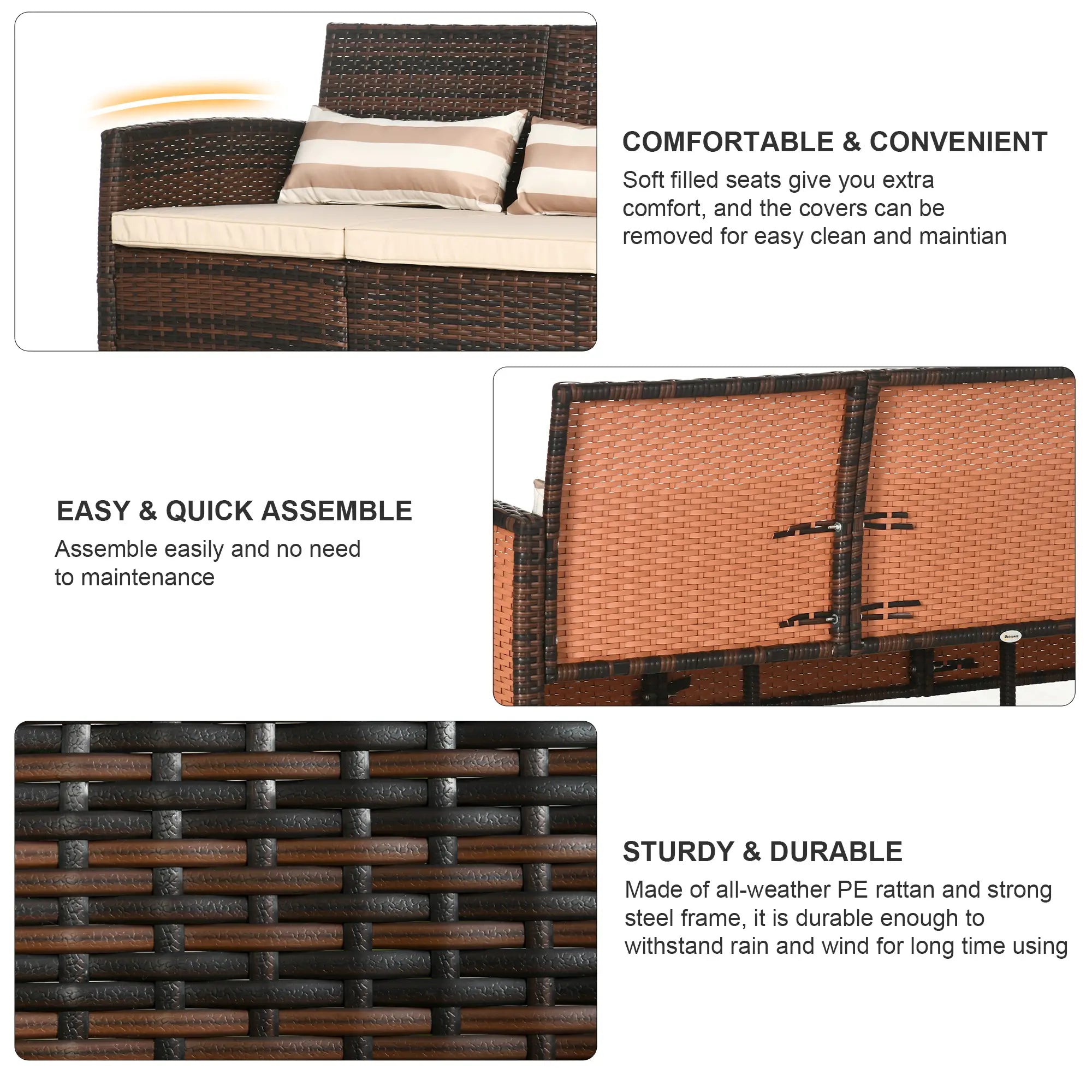 3-Seater Wicker Sofa, PE Rattan Outdoor Couch, Removable Cushions, Brown Patio Furniture Sets at Gallery Canada