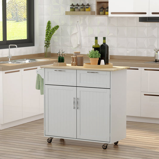Rolling Kitchen Island with Storage Drawers, Modern Kitchen Cart with Rubber Wood Top, Cabinet &; Towel Rack, Grey - Gallery Canada