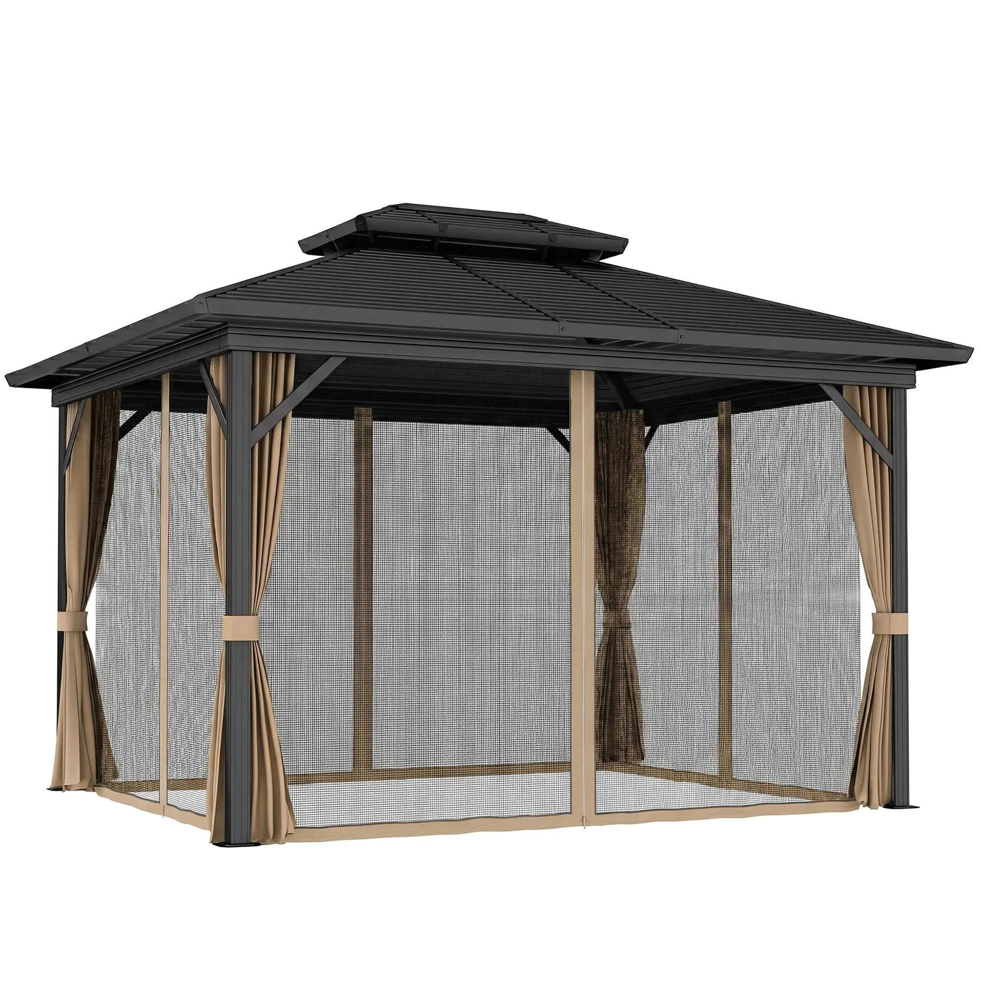 10' x 12' Hardtop Gazebo, Double Tier Roof, Mosquito Net, Dark Brown Gazebos at Gallery Canada