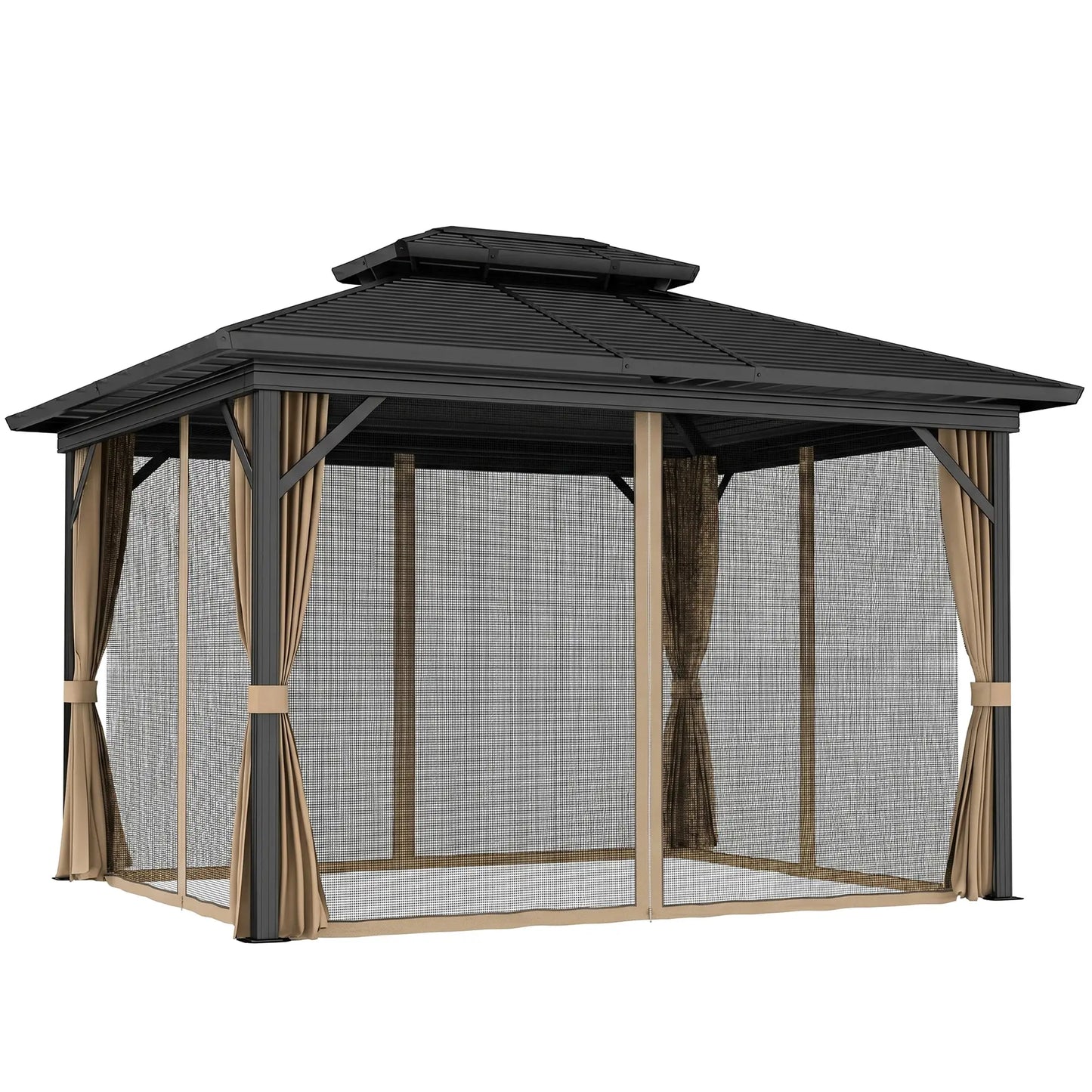 10' x 12' Hardtop Gazebo, Double Tier Roof, Mosquito Net, Dark Brown Gazebos at Gallery Canada
