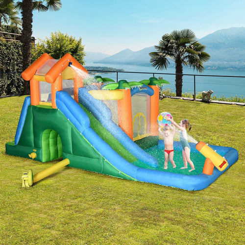 Large Bounce House w/ Inflatable Water Slide, Summer Theme Jumping Castle w/ Trampoline, Water Pool, Climbing Wall, 450W Air Blower for Kids Age 3-8