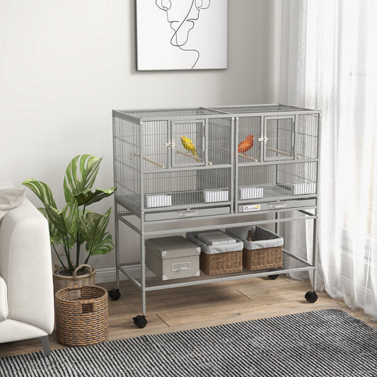 Large Double Rolling Metal Bird Cage Bird House w/ Removable Tray Storage Shelf - Gallery Canada