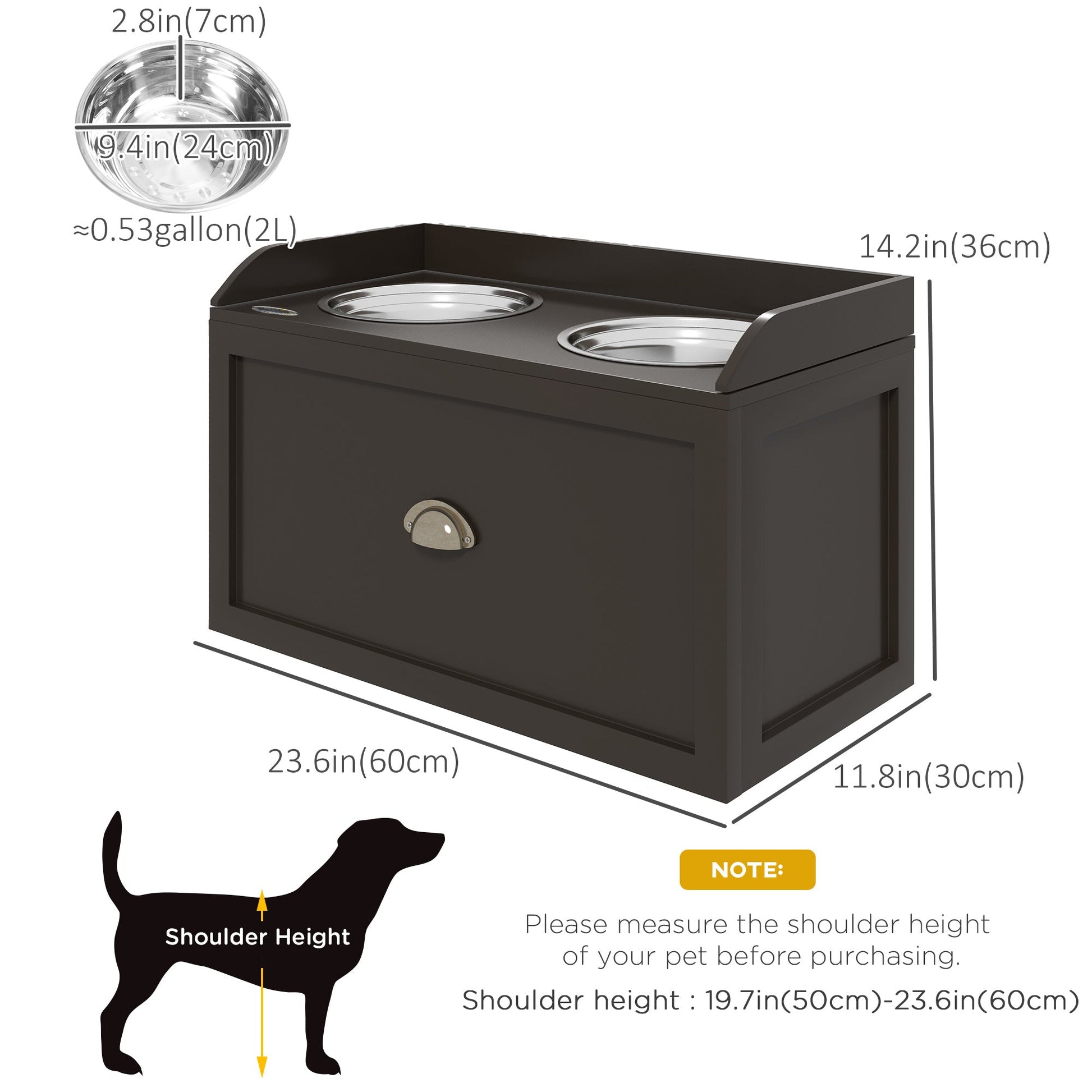 Large Elevated Dog Bowls with Storage Drawer, Raised Pet Feeding Station with 2 Stainless Steel Bowls, Brown at Gallery Canada