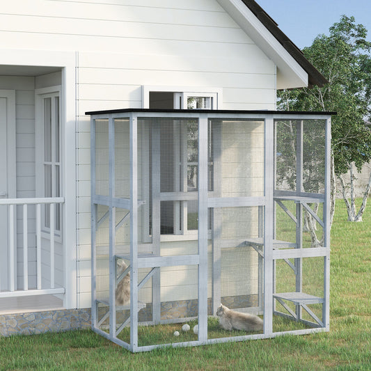 Large Outdoor Catio Enclosure, Weatherproof Cat House with Asphalt Roof, Wooden Cat Patio Cage with 6 Balanced Platforms, 71" x 39" x 71", Grey - Gallery Canada