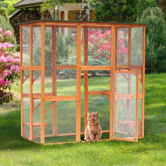 Large Outdoor Catio Enclosure, Weatherproof Cat House with Asphalt Roof, Wooden Cat Patio Cage with 6 Balanced Platforms, 71" x 39" x 71", Orange - Gallery Canada