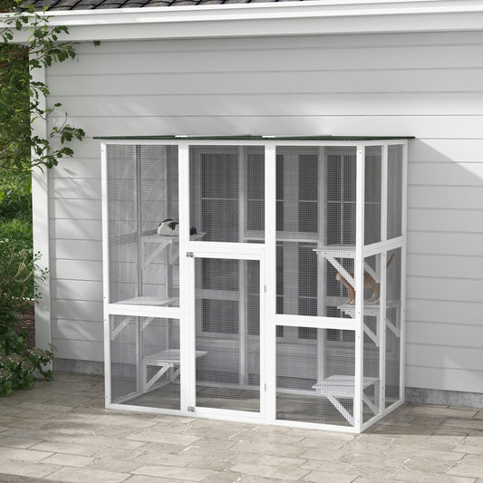 Large Outdoor Catio Enclosure, Wooden Cat Patio with 6 Balanced Platforms and Asphalt Roof, 70.9" x 38.6" x 70.9", White - Gallery Canada