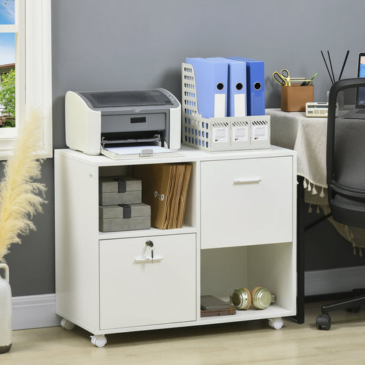 Lateral File Cabinet with Drawers and Lock, Mobile Printer Stand, Filing Cabinet with Open Shelves and Wheels for Letter and A4 Size Documents, White - Gallery Canada