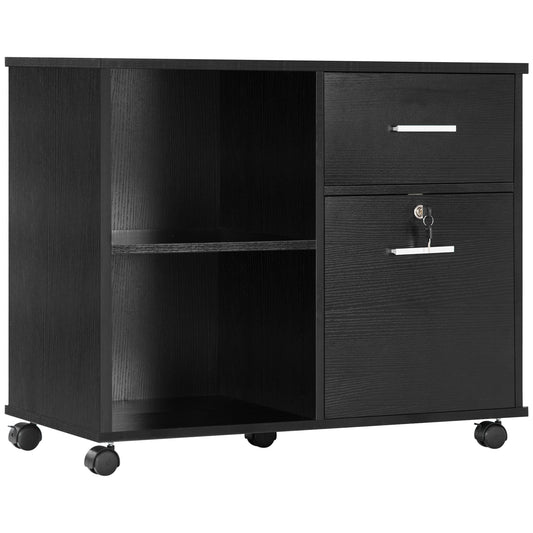 Lateral File Cabinet with Wheels, Mobile Printer Stand, Filing Cabinet with Open Shelves and Drawers for A4 Size Documents, Black - Gallery Canada