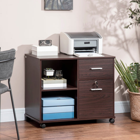 Lateral File Cabinet with Wheels, Mobile Printer Stand, Filing Cabinet with Open Shelves and Drawers for A4 Size Documents, Walnut - Gallery Canada