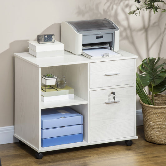 Lateral File Cabinet with Wheels, Mobile Printer Stand, Filing Cabinet with Open Shelves and Drawers for A4 Size Documents, White - Gallery Canada