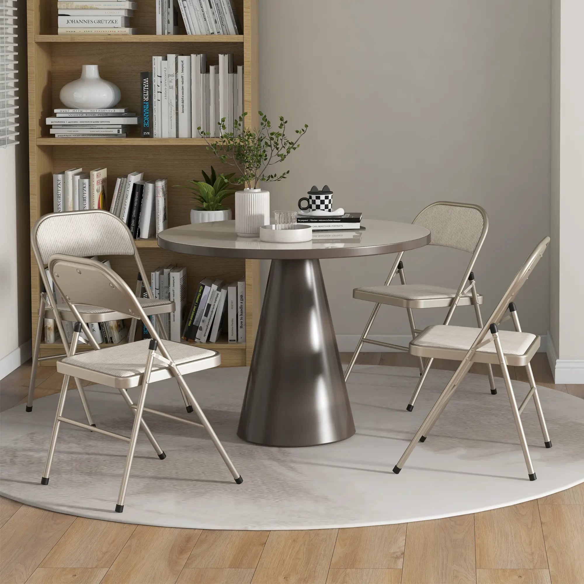 Set of 4 Metal Foldable Chairs, Linen Padded with Cushion Seat, Beige Dining Chairs at Gallery Canada