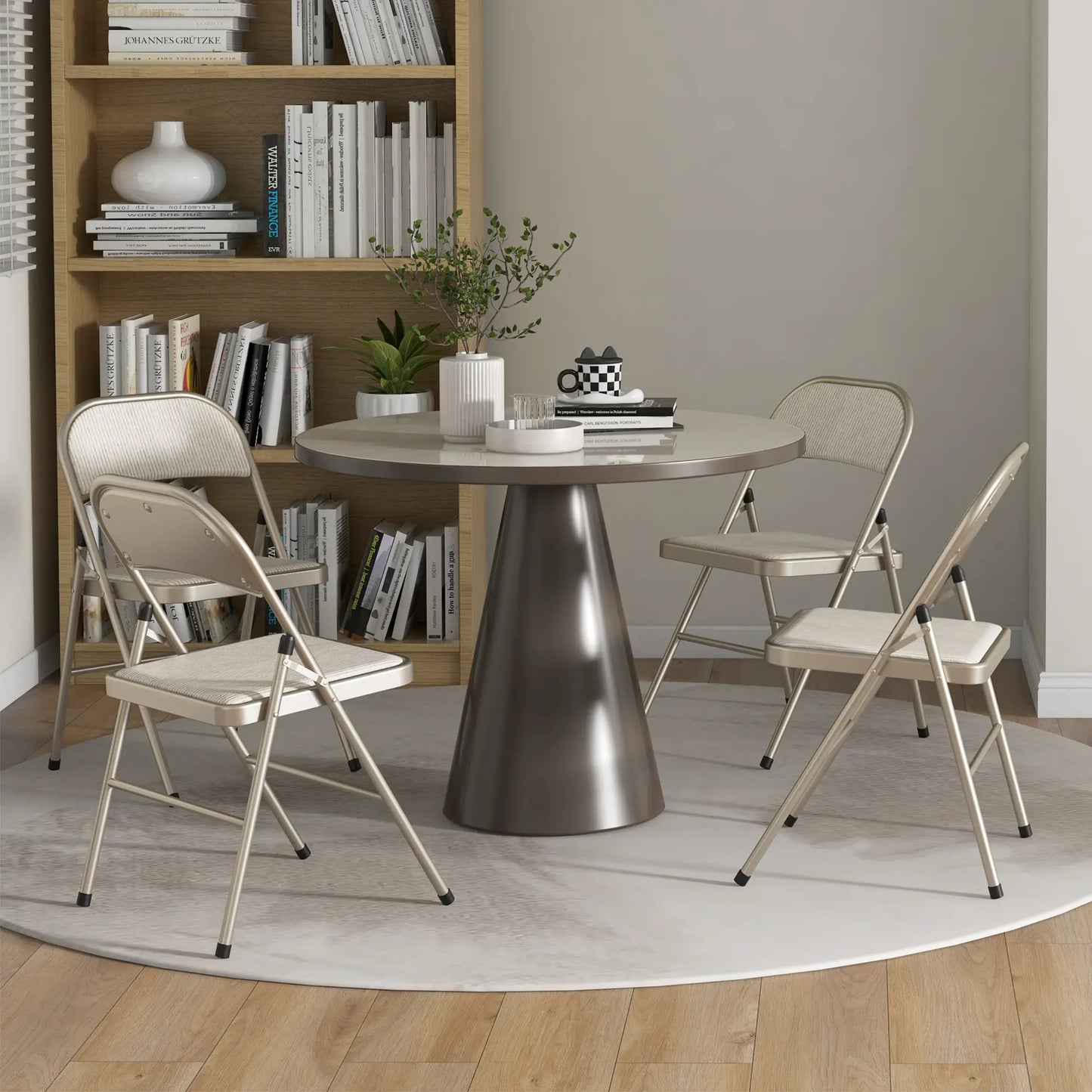 Set of 4 Metal Foldable Chairs, Linen Padded with Cushion Seat, Beige Dining Chairs at Gallery Canada