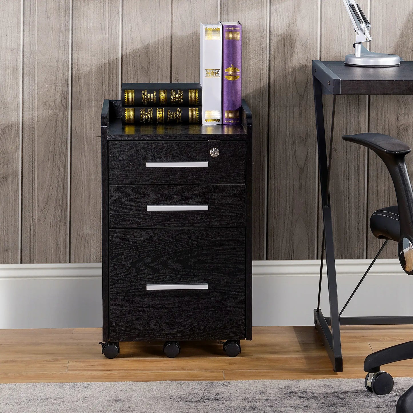 3 Drawer File Cabinet with Lock, Lockable on Wheels, Black Office Cabinets & Cupboards at Gallery Canada