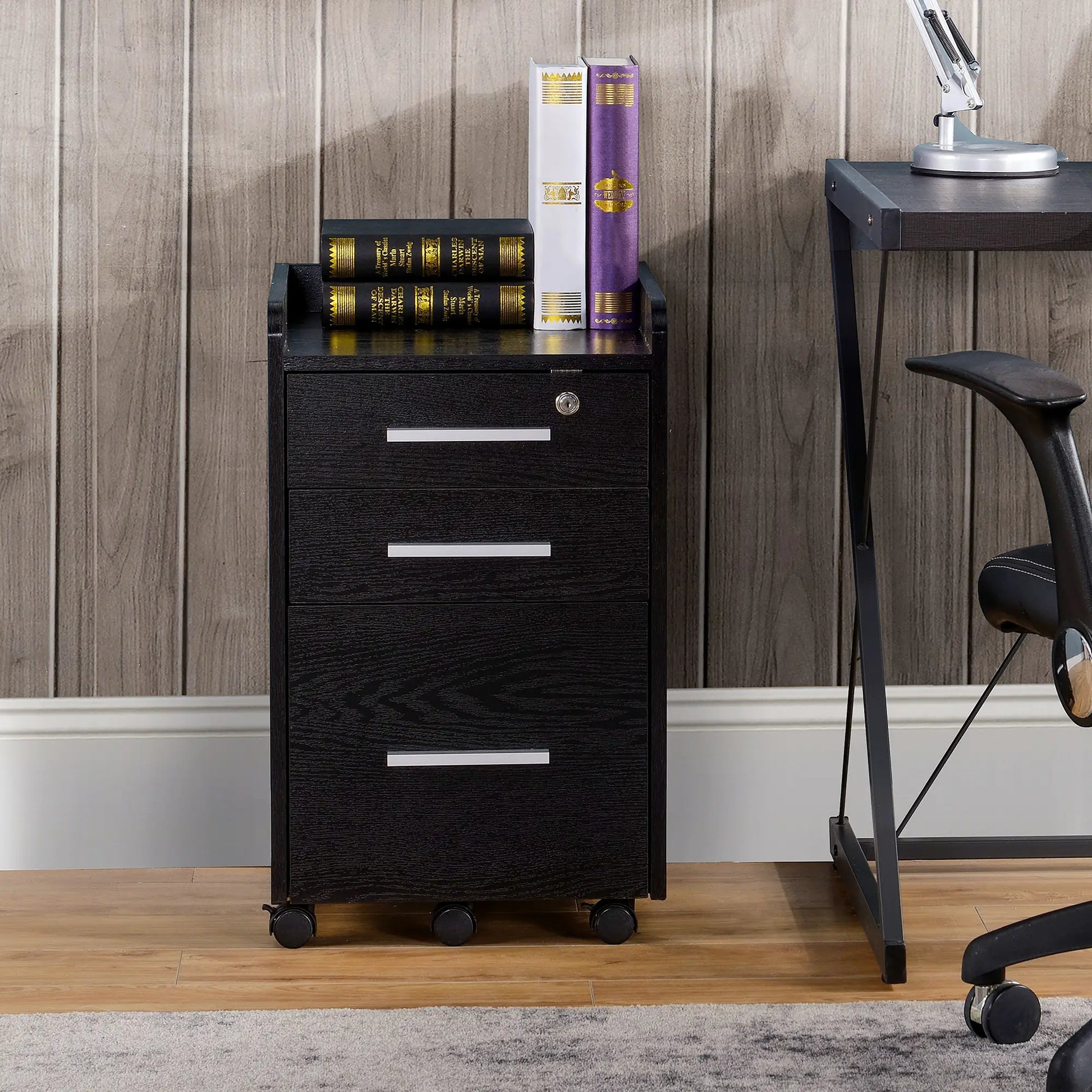 3 Drawer File Cabinet with Lock, Lockable on Wheels, Black Office Cabinets & Cupboards at Gallery Canada
