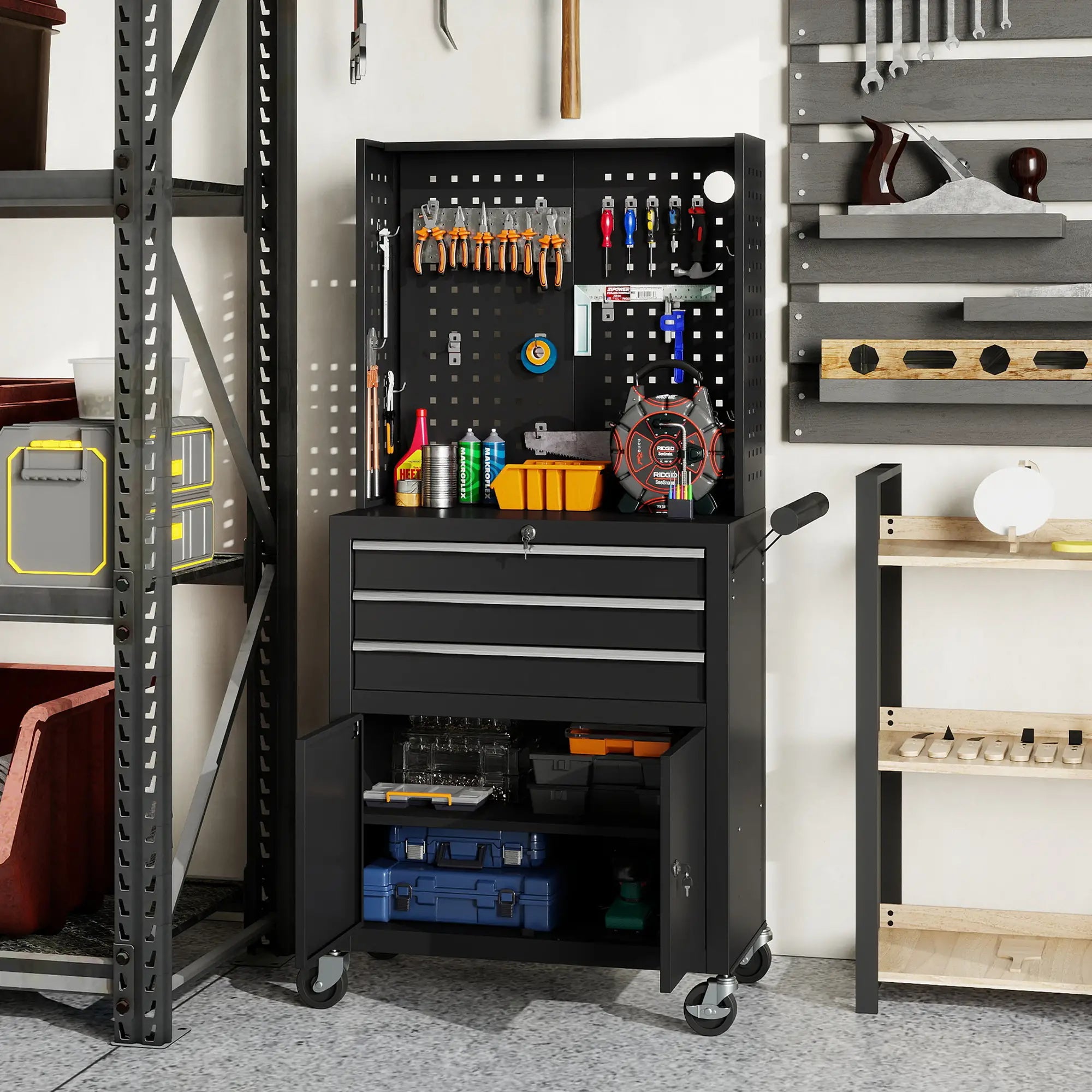 Rolling Tool Cabinet with Pegboard, Lockable Tool Chest, Mobile Tool Storage Organizer for Garage and Workshop, Black Tool Organizers at Gallery Canada