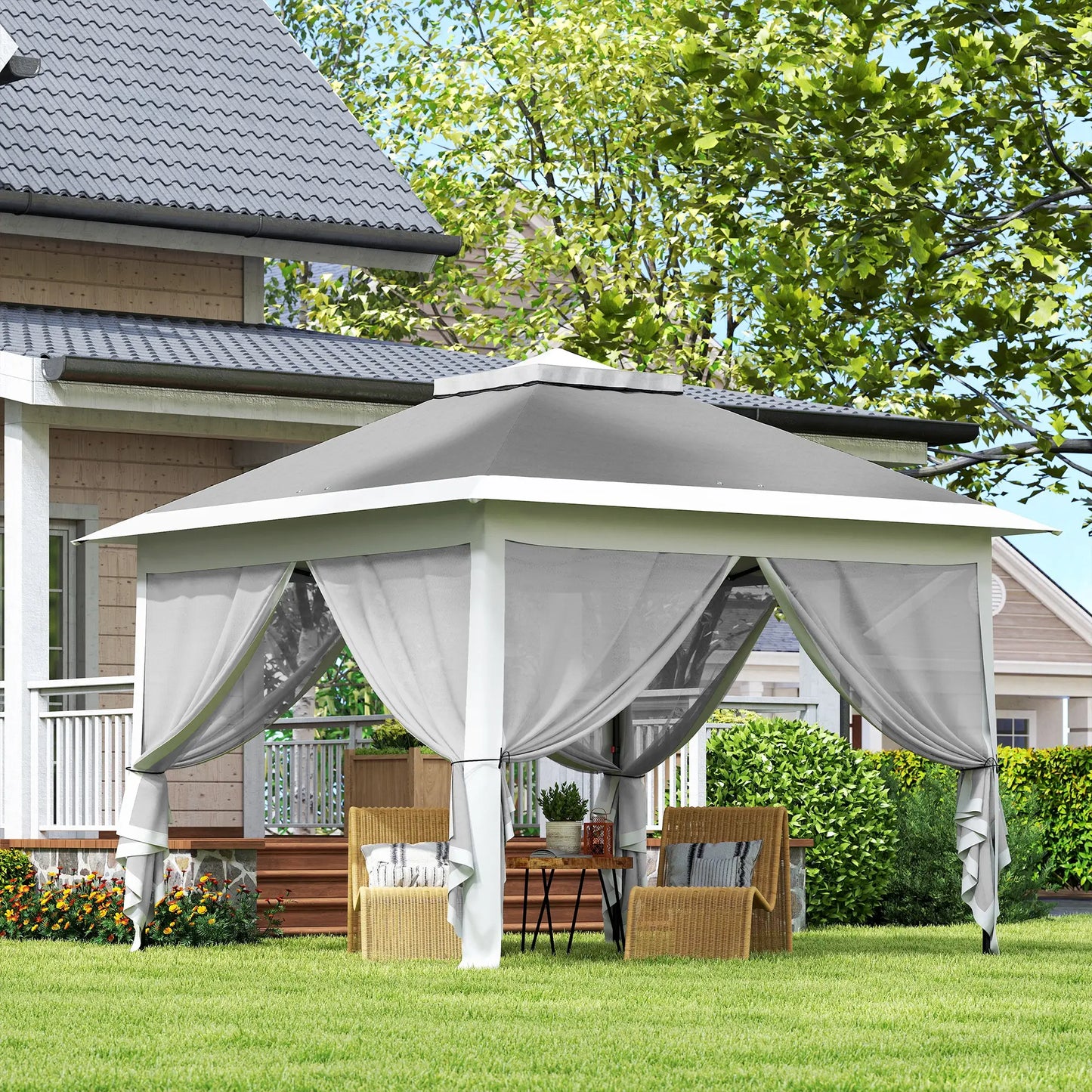 11' x 11' Pop Up Gazebo, Double Roof Foldable Canopy Tent, Dark Grey Pop Up Canopies at Gallery Canada
