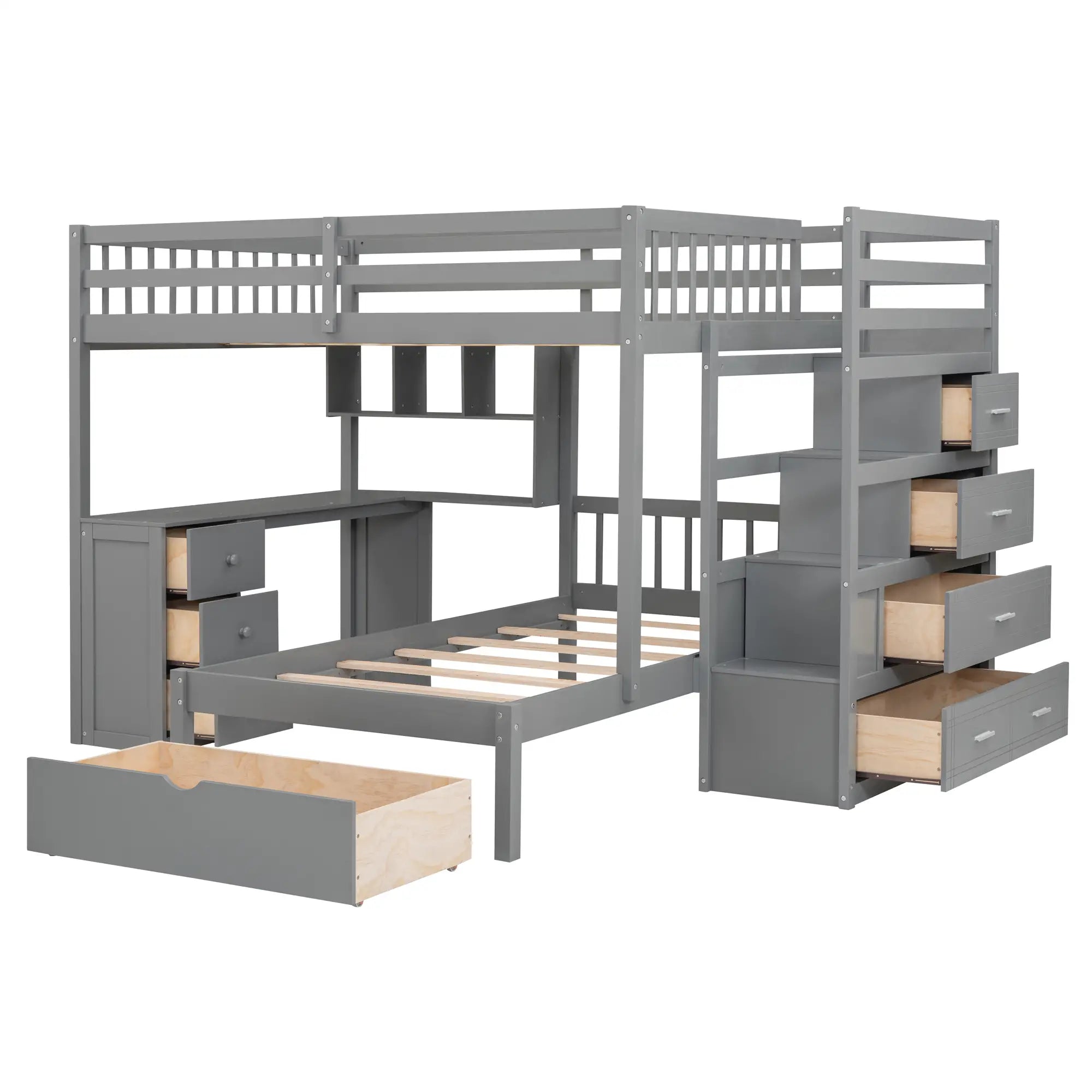 Over Twin Bunk Bed with Study Desk, Drawers, Shelves, 98