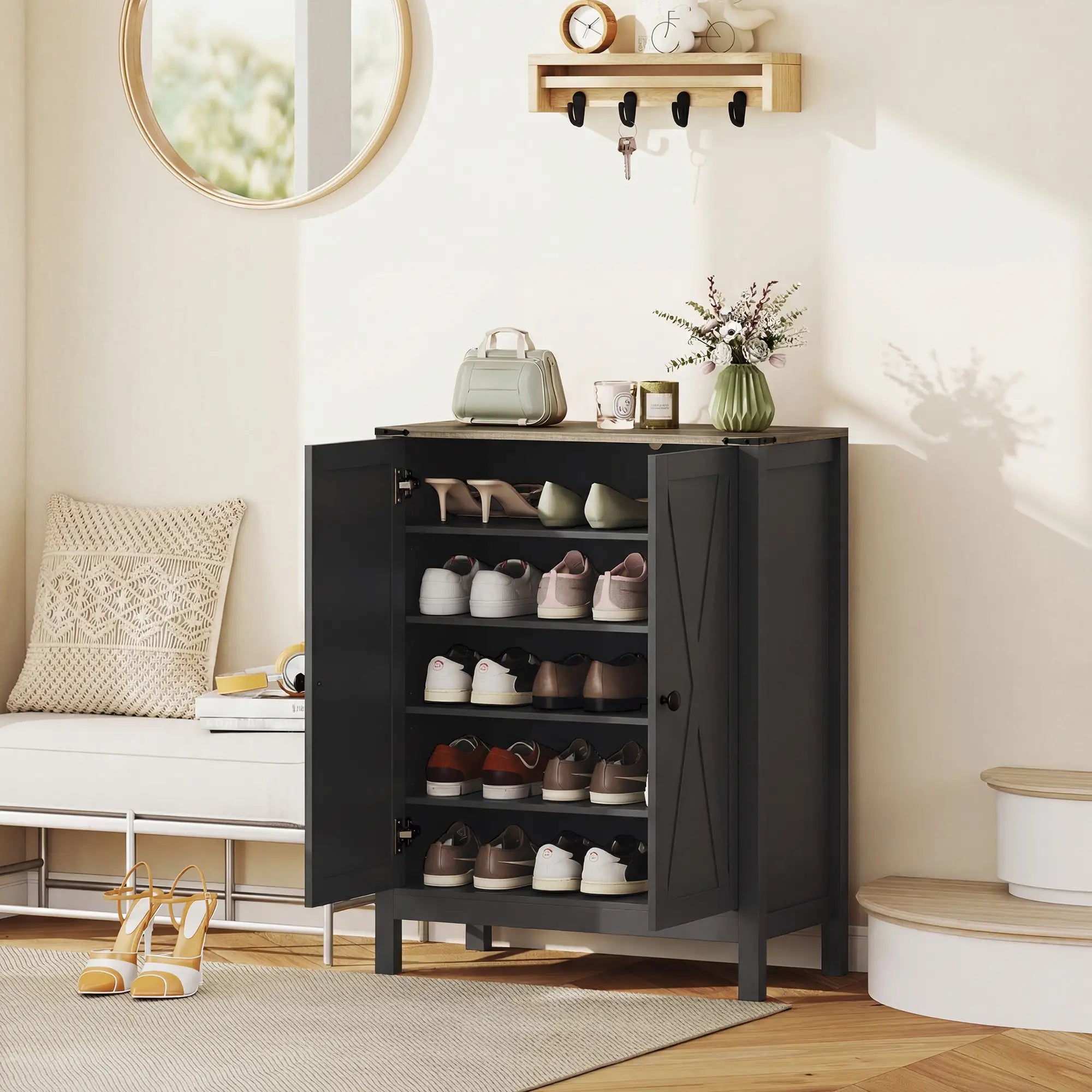 Shoe Cabinet With Barn Doors, Adjustable Shelves, 15 Pairs, Black Shoe Storage Cabinets & Racks at Gallery Canada