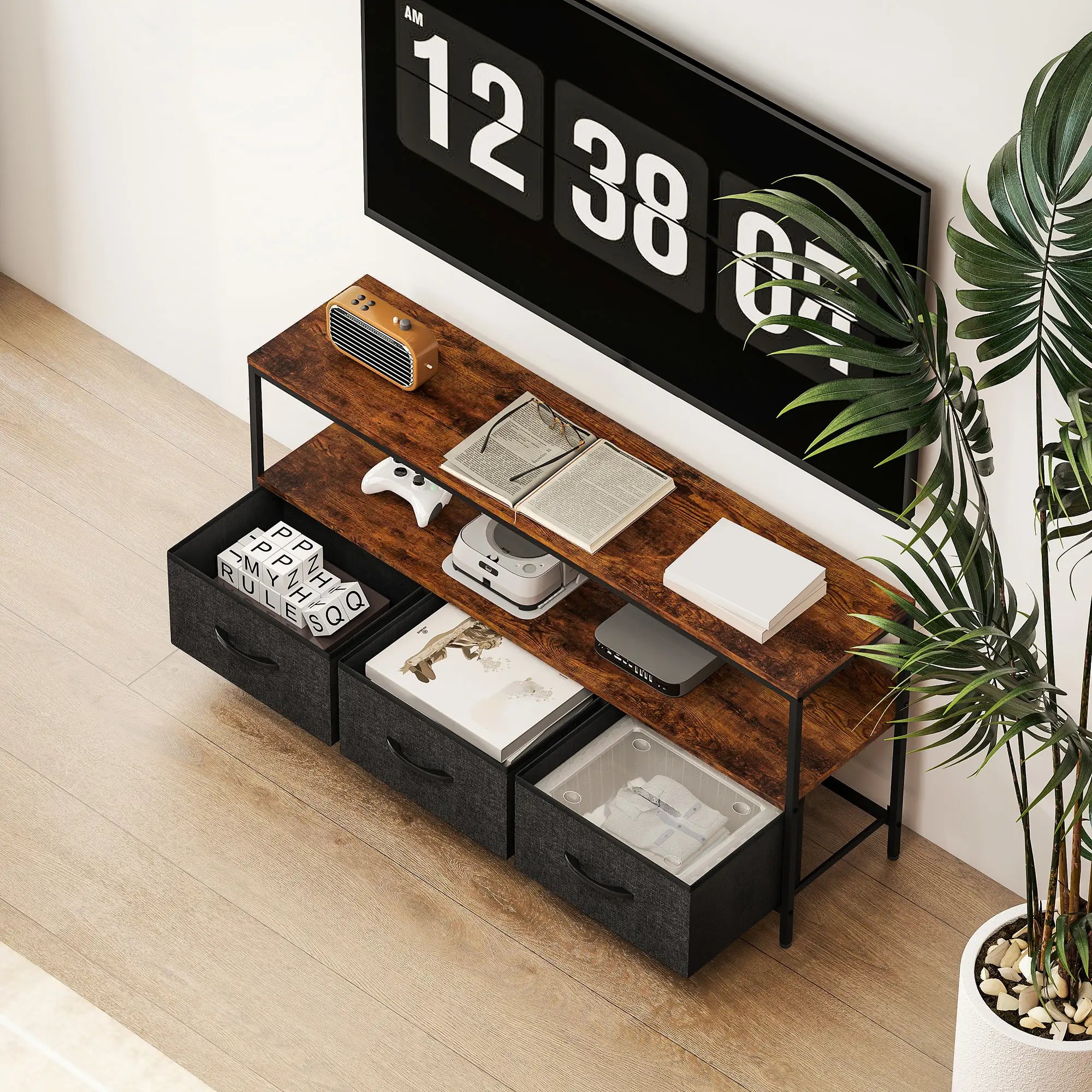 TV Stand with Charging Station, 3 Foldable Drawers, 55 Inch, Rustic Brown TV Stands at Gallery Canada
