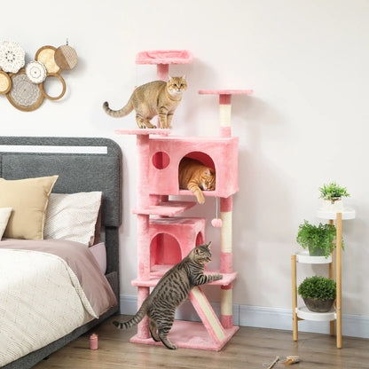 63" Cat Tree, Multi-Level Tower With Scratching Posts, Condos, Bed, Pink