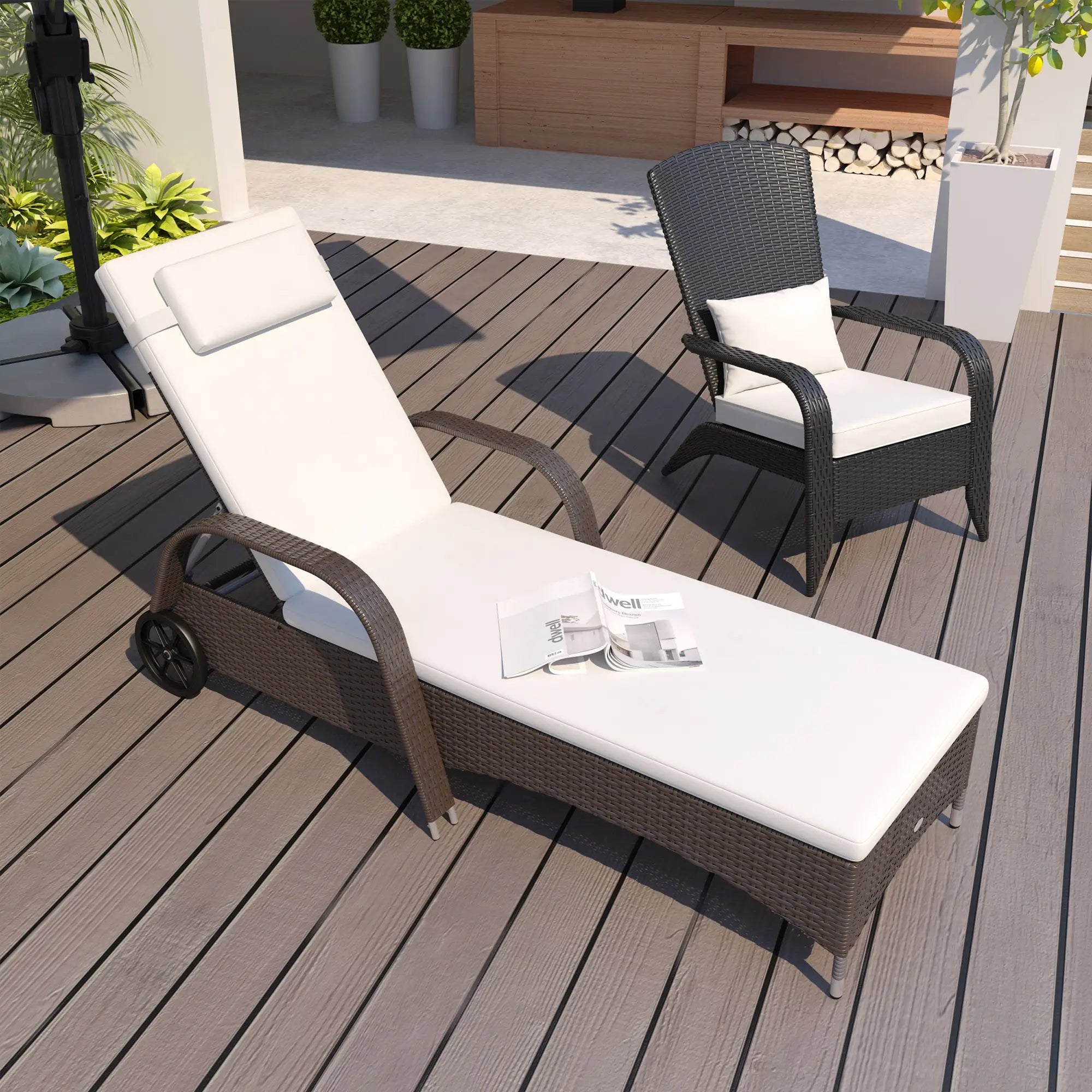 Wicker Chaise Lounge, Outdoor PE Rattan Sun Lounger, Adjustable Backrest, Mixed Brown Cream White, Brown Cream White Chaise Loungers at Gallery Canada
