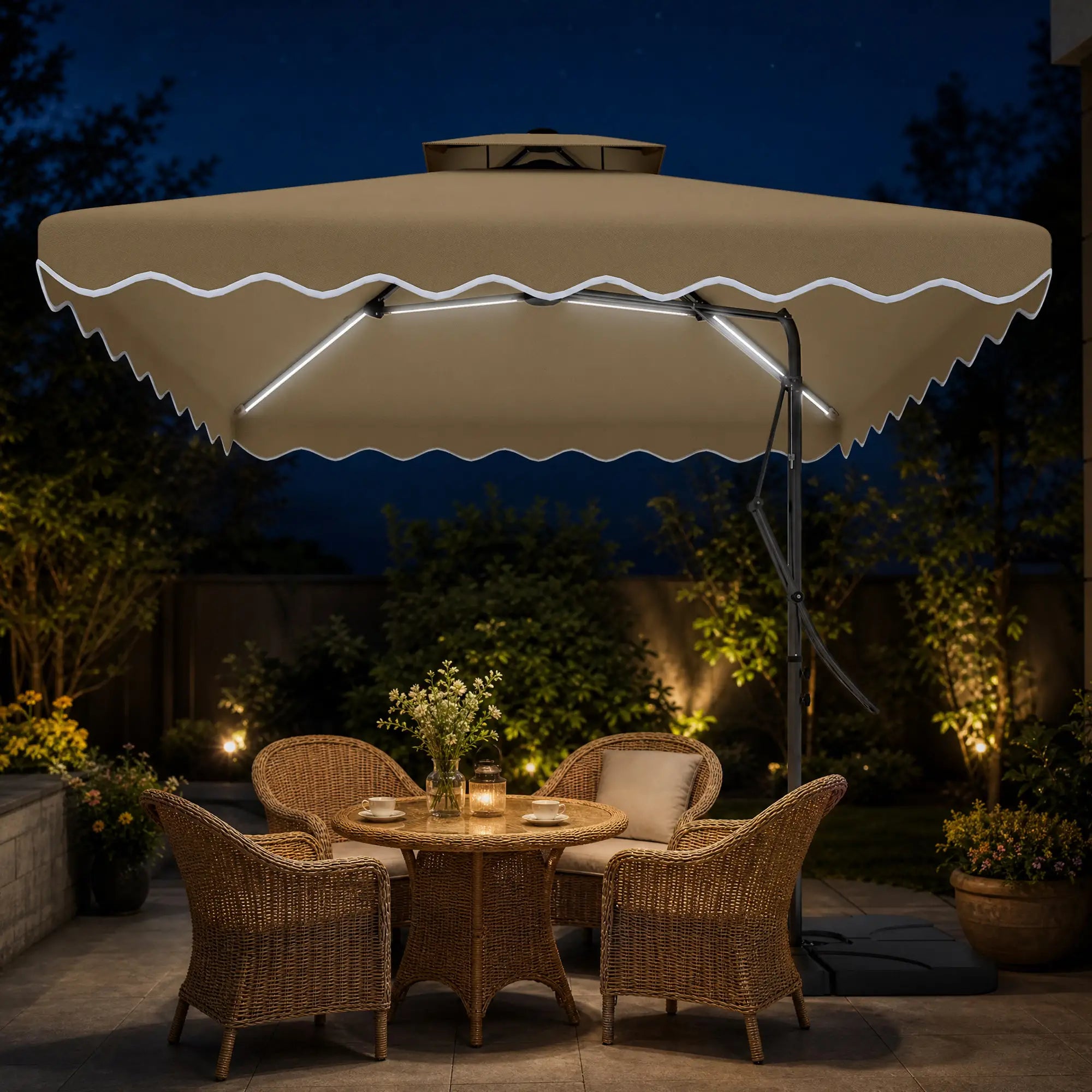 8' x 8' Square Patio Umbrella, Solar LED Lights, Khaki Cantilever Umbrellas at Gallery Canada