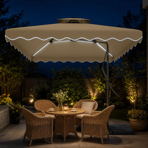 8' x 8' Square Patio Umbrella, Solar LED Lights, Khaki