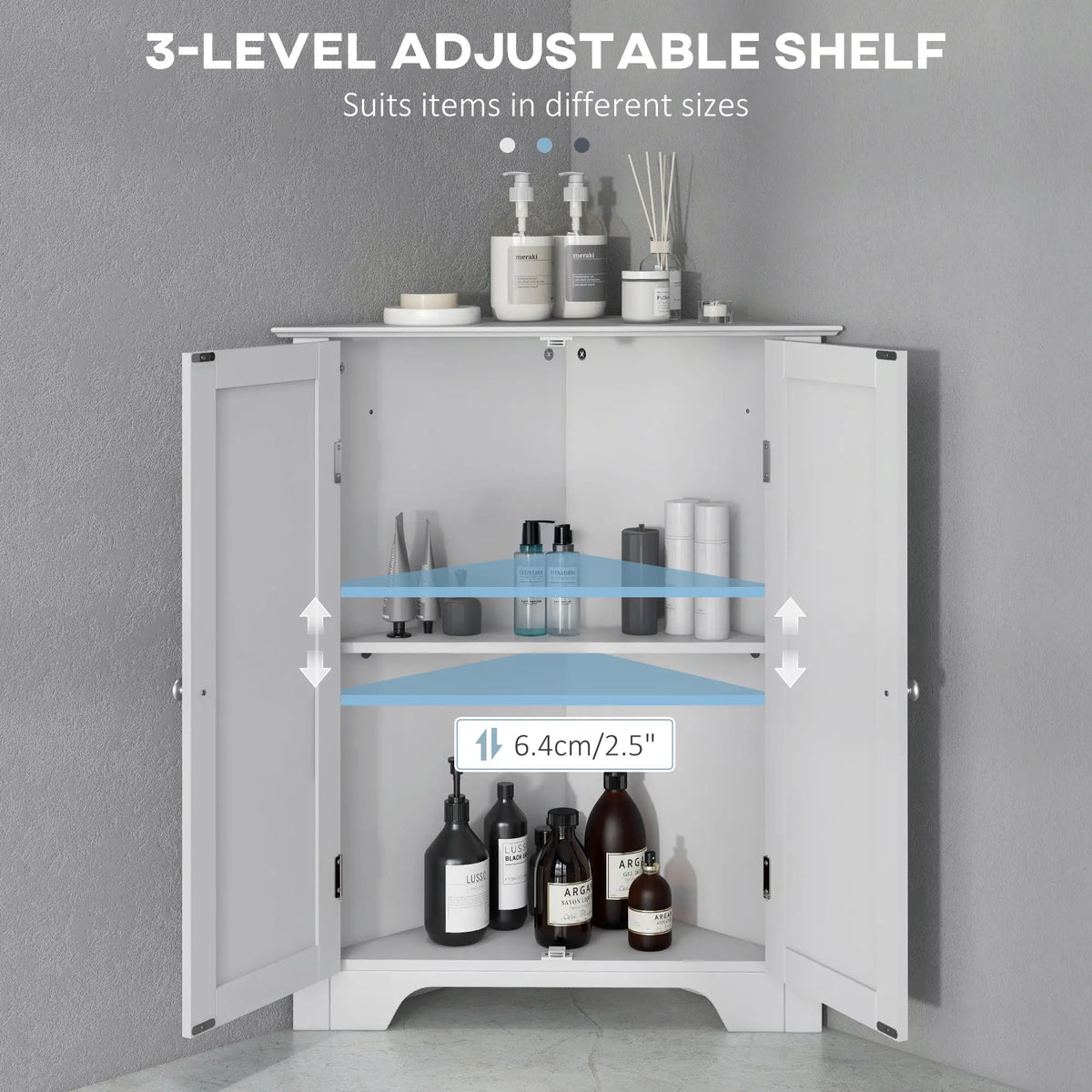 Modern Bathroom Storage Cabinet, Corner with Doors, Adjustable Shelf, White Bathroom Cabinets at Gallery Canada